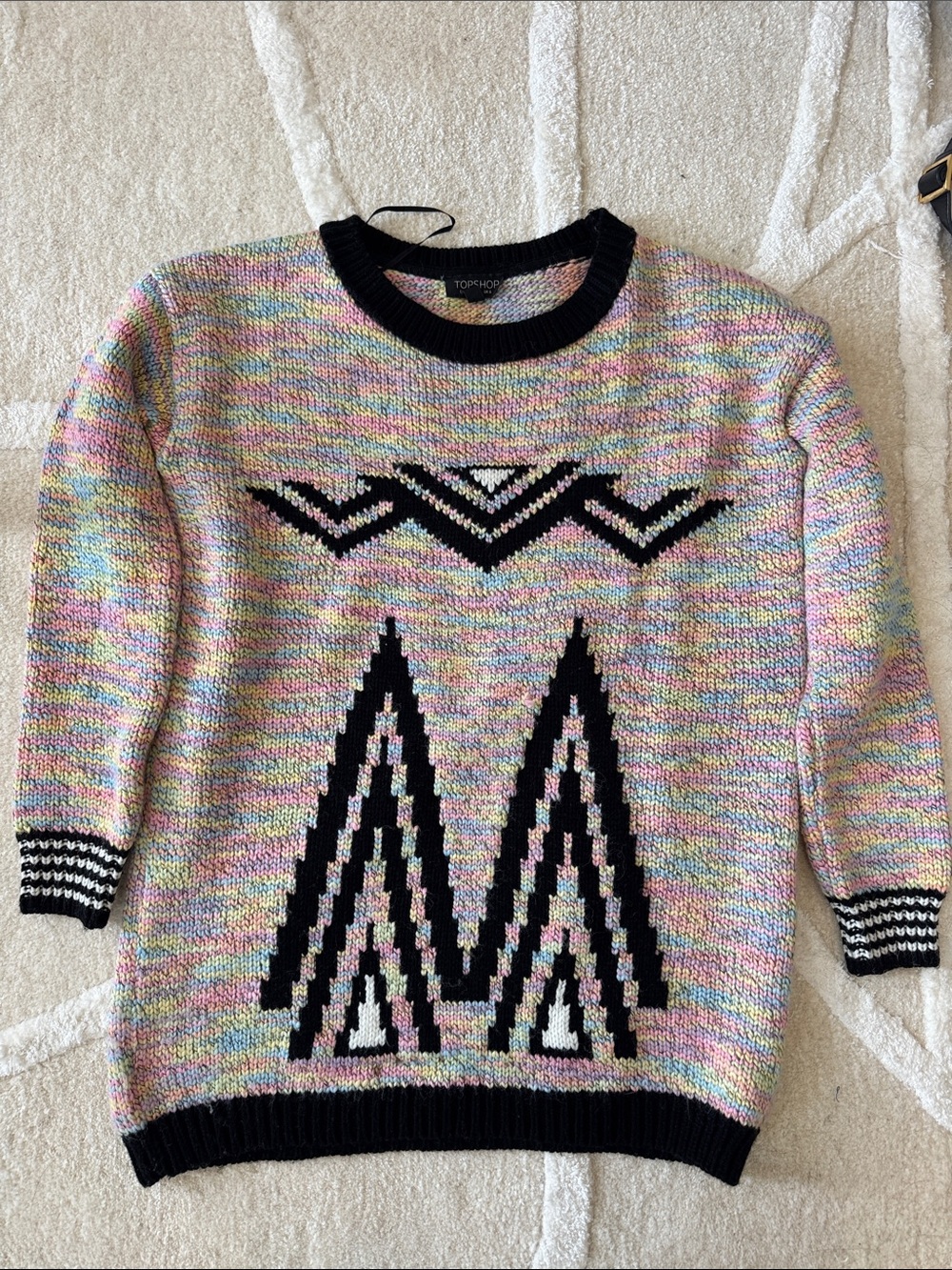 Topshop Pastel Multicolor Knit Crewneck Sweater with Black Pattern